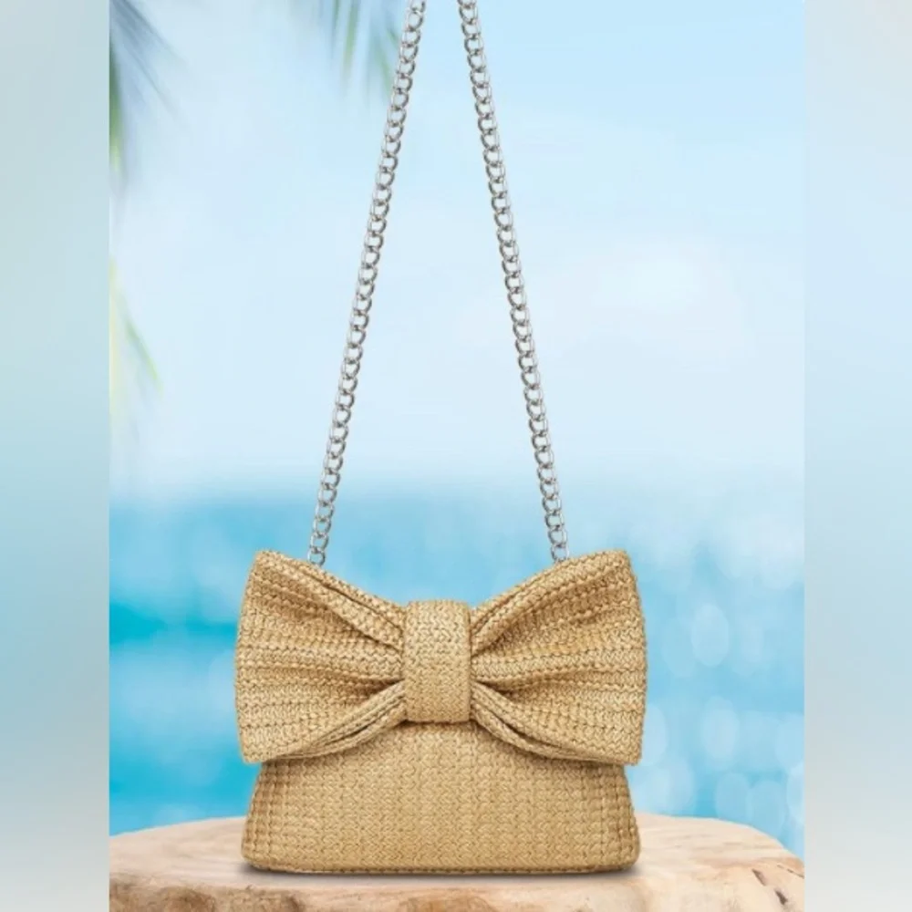 Adorable bow straw beach summer boho handbag shoulder bag - Picture 3 of 3